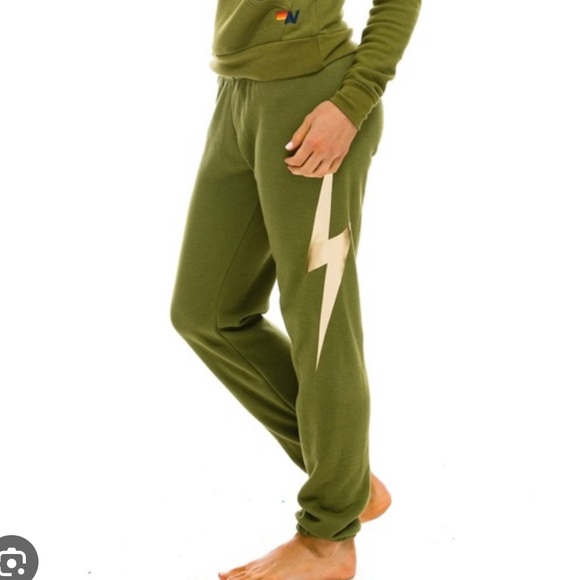 Aviator Nation Pants - Aviator Nation Green with Metallic GOLD Bolt- Sweatpants-Medium